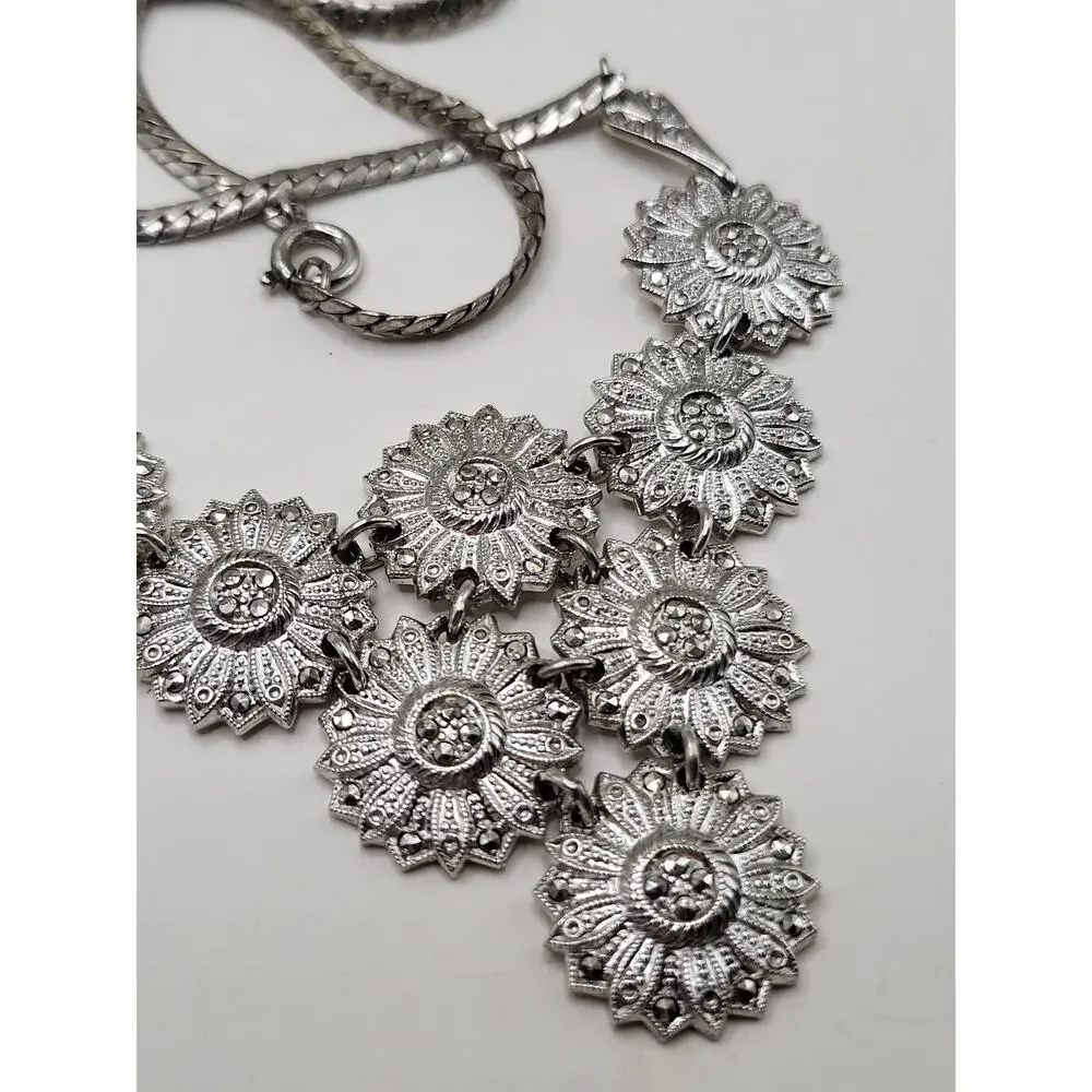 Vintage Floral Necklace Marked Sterling with Marcasite Accents 17 Inch - Picture 3 of 10